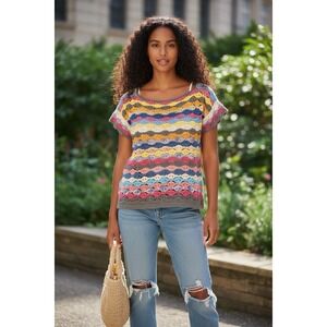 Handmade Crochet Sweater Top Boho Rainbow Colorful Short Sleeve Womens Medium